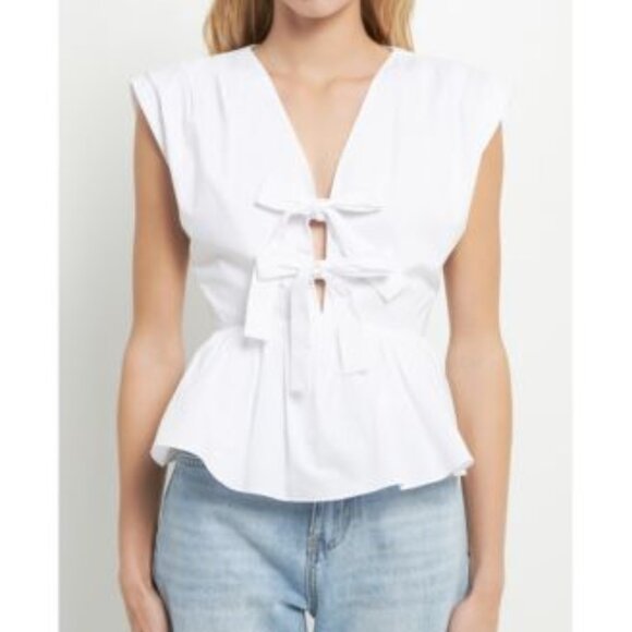 English Factory Front Double Bow Tie Top White Small - Picture 1 of 4